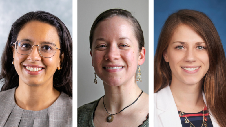 three vertical portraits of smiling women 